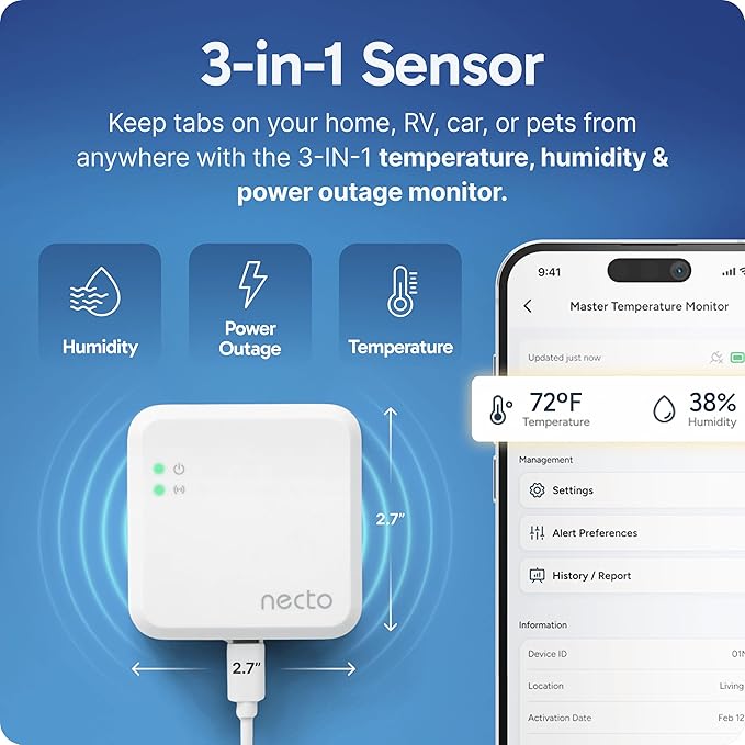 Necto Cellular Temperature Monitor - Remote Power Failure Alarm & Humidity Sensor with Unlimited Alerts. Temp Monitoring System for RV Pet Safety, Vacation Home, Server Room. No Fees or WiFi Required