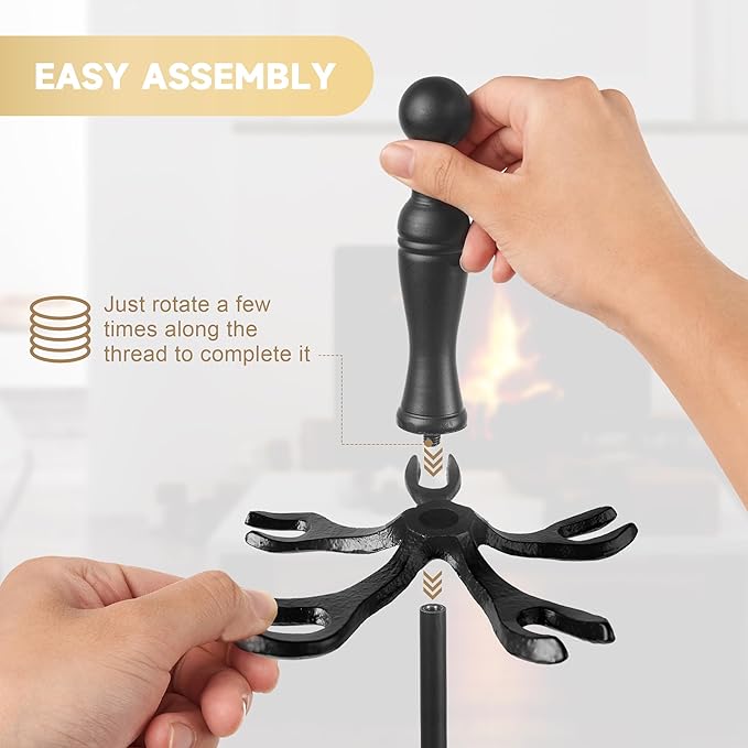Fireplace Tool Set 5 PCS Black Wrought Iron Fire Tools Set Outdoor/Indoor, Large Fireplace Accessories Kit with Stand, Fire Poker, Shovel,Tongs for Indoor Modern Chimney, Wood Stove (Black)