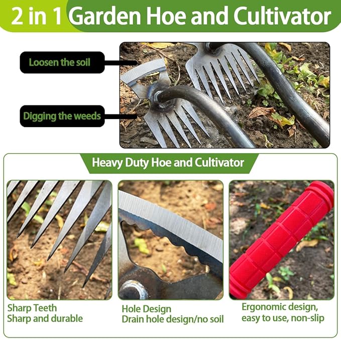 [2025 New Upgraded] 2 in 1 Weed Puller Tool with Long Handle, Heavy Duty Garden Weeder Tool for Vegetable Gardening Backyard Farm Planting & Weeding (Rubber Handle)