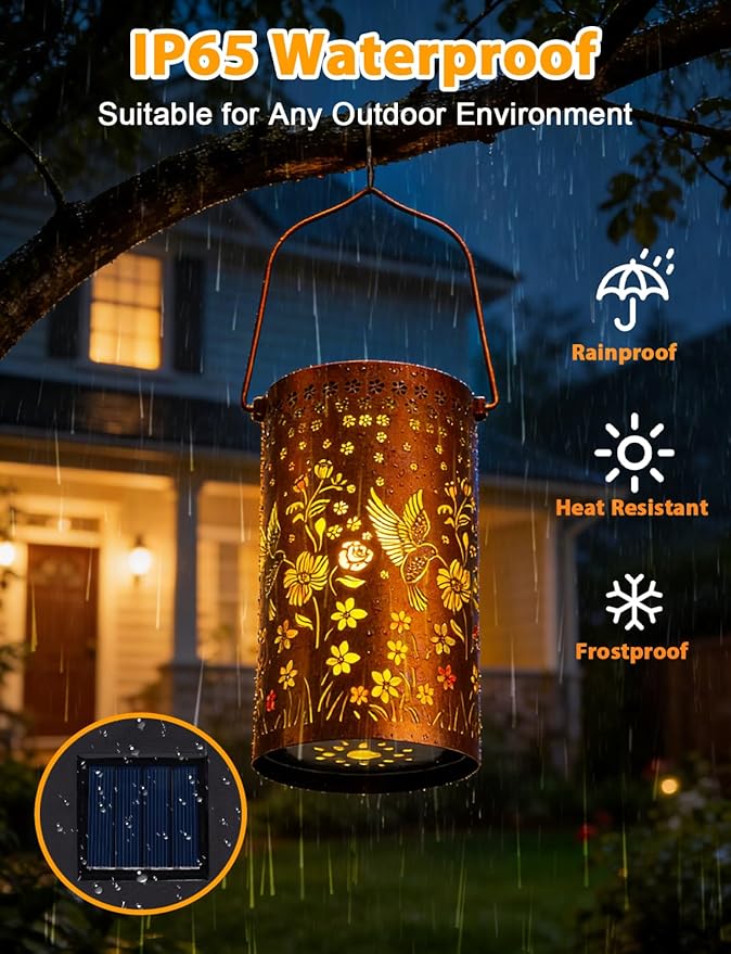 Sunflower Solar Lanterns Outdoor Waterproof, Metal Lantern Garden Lights with Color Projection, Garden Decor Gifts for Mom Women Mother Grandma, Hanging Solar Lights for Yard Porch Patio (Hummingbird)