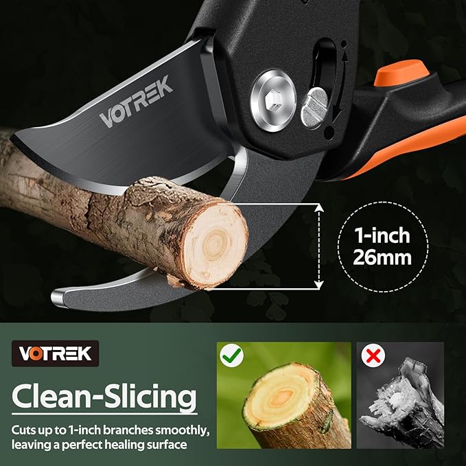 VOTREK Pruning Shears, [Patented Stepless Handle Opening] - Garden Clippers with Ultra-Sharp SK5 Steel for Weak Hand, Pruners Universal Fit for All Hand Sizes, Effortlessly Cuts 1-Inch Branches