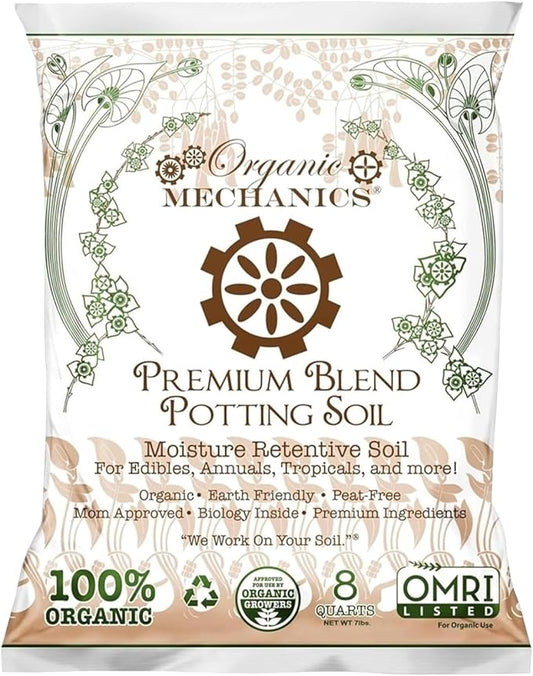 Organic Mechanics Premium Blend Potting Soil, 8 qt - Moisture-Retentive, Peat-Free, Compost - Enriched Mix with Worm Castings & Perlite for Houseplants, Annuals, Veggies & Tropical Plants