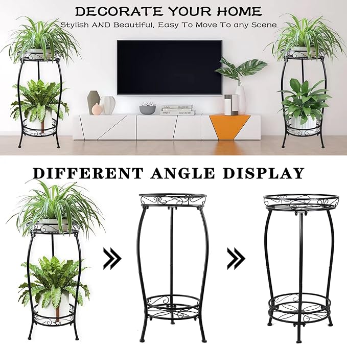 MOCORY Plant Stand Indoor Outdoor 2 Tier 27" Tall Metal Potted Holder Flower Pot Stand Heavy Duty Plant Shelf Rustproof Iron Multiple Plant Round Supports Rack for Planter Corner Garden Balcony Patio