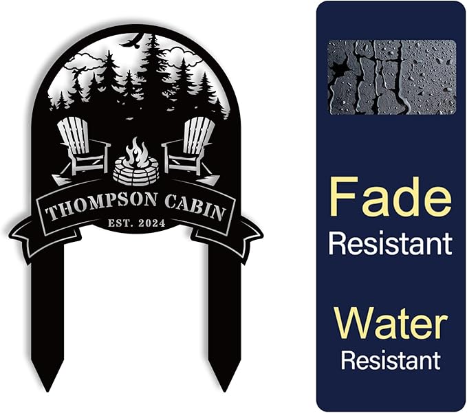 Personalized Family Name Firepit Scene Sign with Yard Stake, Rustic Personalized Camping Decor