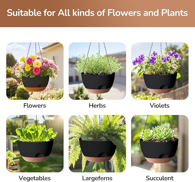 Hanging Planter for Indoor Plants, 10 Inch Self-Watering Hanging Planters with Drainage Holes and Chain, Set of 2 Outdoor Hanging Pots for Garden Home