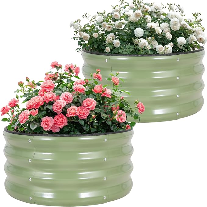 Galvanized Raised Garden Bed- 2Pcs 2x2x1FT Metal Planter Boxes Outdoor | Round Steel Raised Bed Kit & Fire Pit Ring for Gardening with Protective Tape, Gloves for Vegetables, Flower (Green)