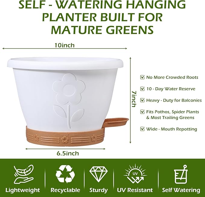 3 Pack Hanging Baskets Set, Hanging Planters for Indoor & Outdoor Plants, Self-Watering Hanging Pots with Removable Tray&Drainage Holes, Flower Pots for Home Garden Decor 10 Inch (White)