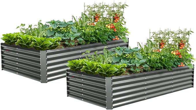 A ANLEOLIFE 2 Pcs 8X4X1.5 ft Rectangular Galvanized Raised Garden Beds Outdoor for Planting Vegetables Flowers Herb, Quartz Grey