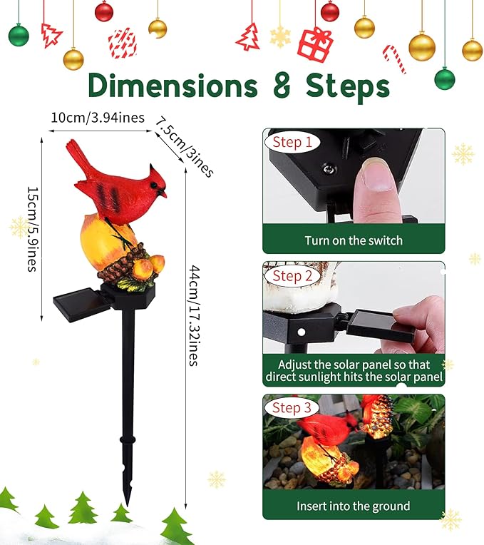 Cardinal Decor Solar Garden Decor Waterproof Red Bird Figurine Solar Stake Lights for Outside Yard, Patio, Lawn, Porch, Cemetery, Grave