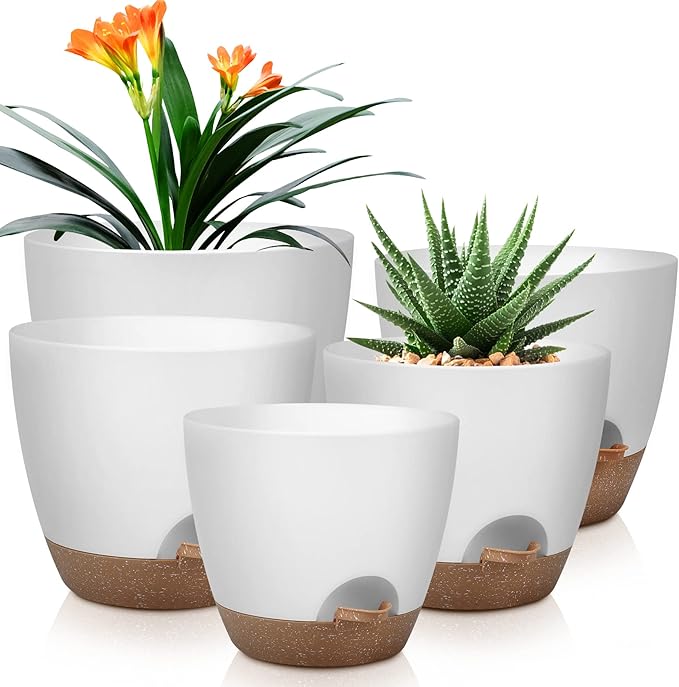Plant Pots 10/9/8/7.5/7 Inch Self Watering Pots, Set of 5 Plastic Planters with Drainage Holes and Saucers,Plastic Flower Pots,Nursery Planting Pot for Indoor Out Door Plants（White）