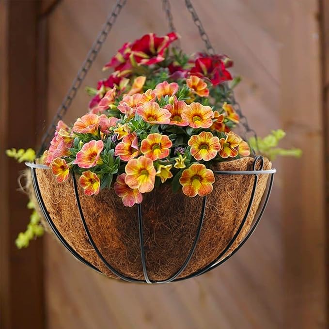 Lainrrew 2 Pack 12" Metal Hanging Planter Basket with Coco Liner, Round Wire Plant Holder Flower Pots Hanger Watering Hanging Flower Baskets Porch Decor for Indoor Outdoor Garden