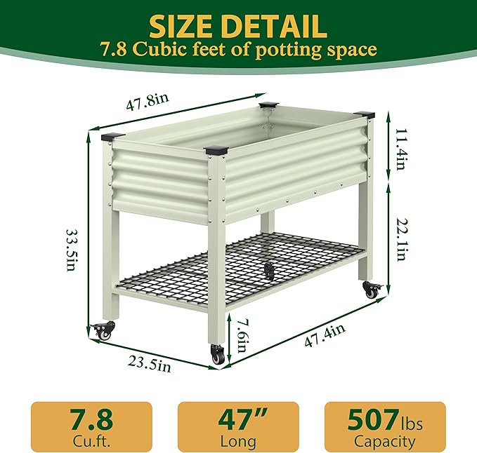 VEIKOU 48x24x34in Galvanized Steel Raised Garden Bed for Outdoor with Shelf and Casters, Drainage Holes, Detachable Liner, Steel Planter Box for Gardening, 507 lbs Capacity, Cream White