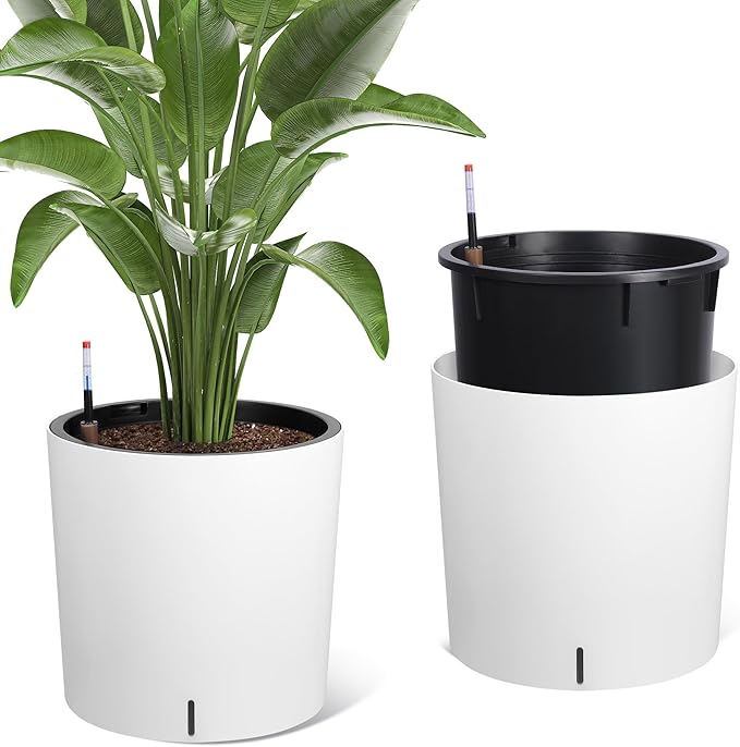 CABIHOME Self-Watering Planters Set of 2, 19.5 Inch Tall with Drainage, Water Monitor & Wheels, High Circular Flower Pot, Easy Move, Indoor Outdoor Pots for Porch, Living Room & Office, White