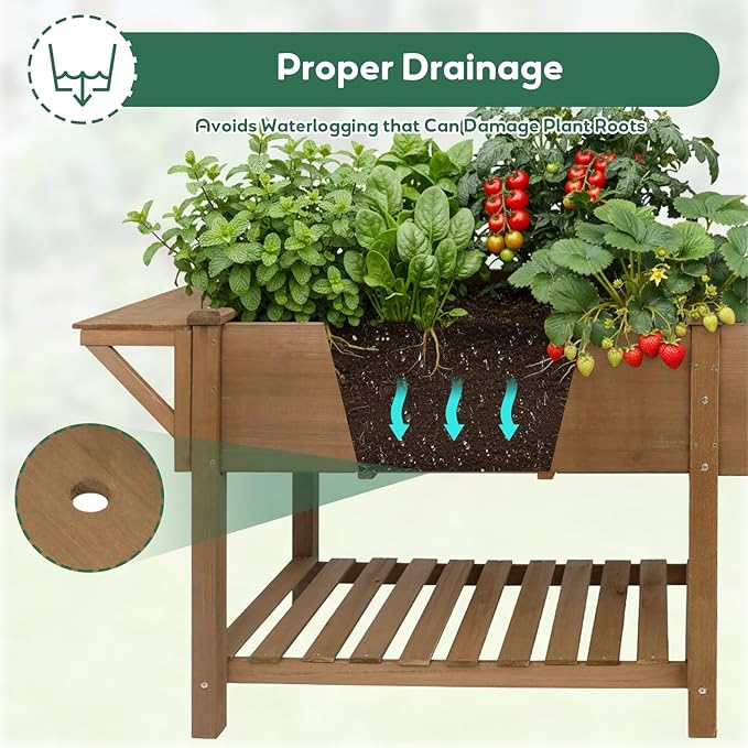 PetsCosset Raised Garden Bed, Storage Shelf, Protective Liner, Table Ledge,Outdoor Garden Bed with Legs for Vegetable, Herb, and Flower Cultivation-Brown (Extension)