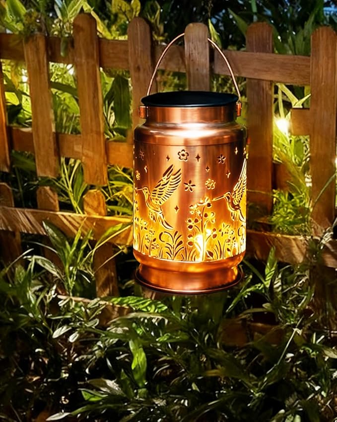 Christmas Gifts for Women,Solar Lanterns Outdoor Hanging Lantern Lights, Hummingird Hollowed-Out Metal Decor Lantern, Waterproof Decorative Garden Light - Delicate Garden Decoration for Patio, Yard
