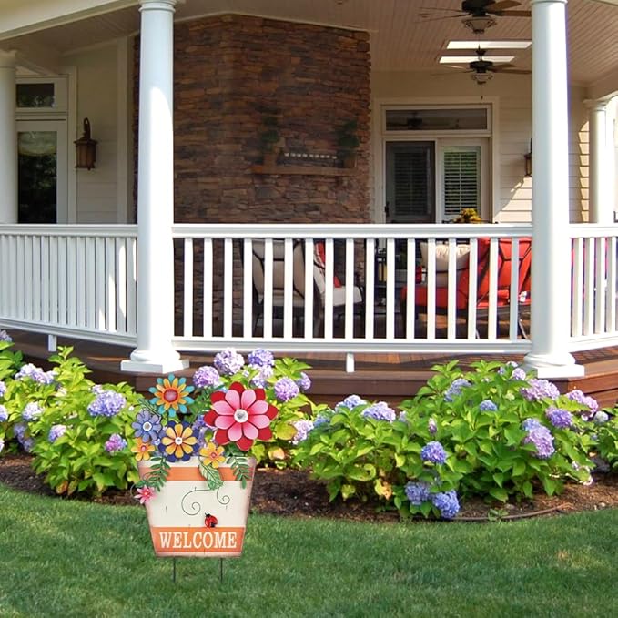 hogardeck Garden Decor for Outside, Metal Flower Pot Decorative Garden Stakes with Flowers for Spring Decor, Yard Art Welcome Sign for Outdoor Garden Lawn Backyard Porch Patio Decorations
