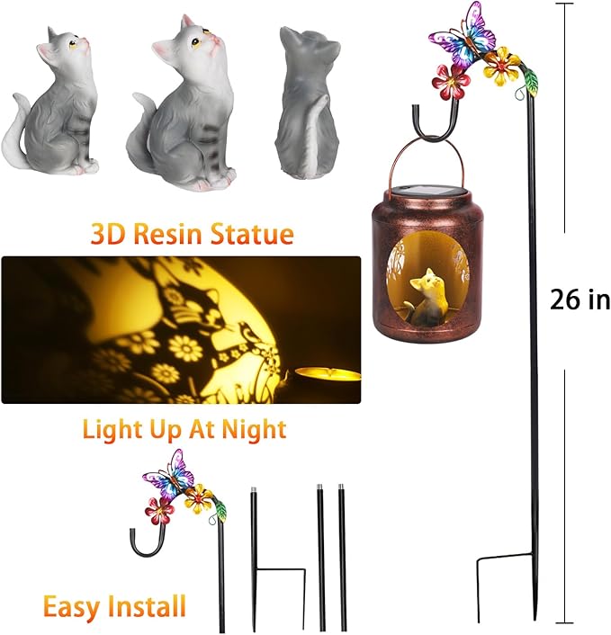 Solar Lanterns Outdoor Waterproof Metal Cat Patterns with Resin Cat Inside Garden Decor Gifts for Women Mom Grandma Hanging Solar Lights Decoration Outside for Yard, Patio, Backyard, Porch