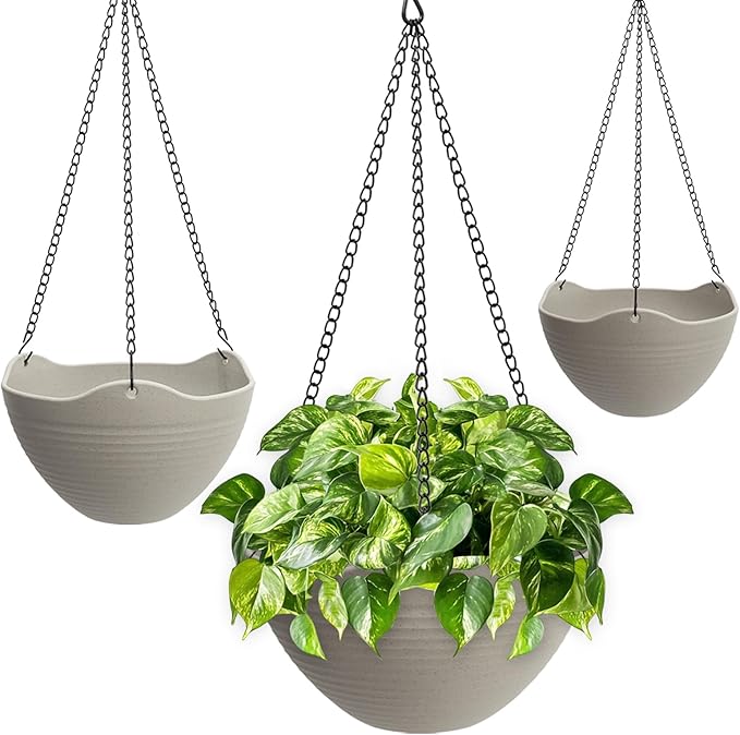 Hanging Planters for Indoor Plants 3 Pack - 7/8/10 Inch Plastic Hanging Pots with Water Sieve Mesh, Small Hanging Pots for Home Garden, Porch, Balcony & Patio Decor, Grey White