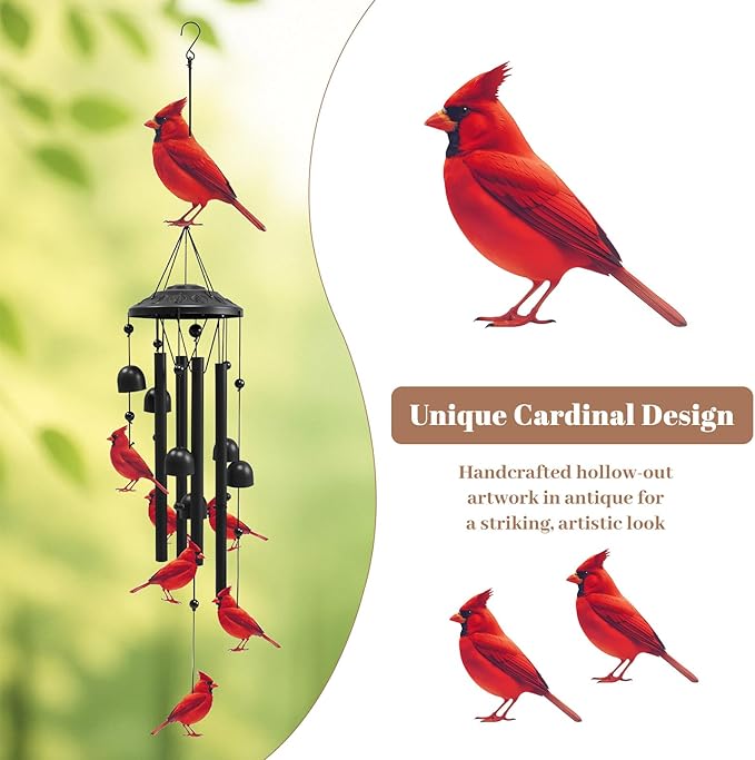 Cardinal Wind Chimes for Outside, Black Metal Windchimes Outdoors, Cardinals Gifts for Women/Men, Garden/Yard Decor, Memorial/Birthday Gifts for Grandma/Mom, Durable Chimes for Outdoors