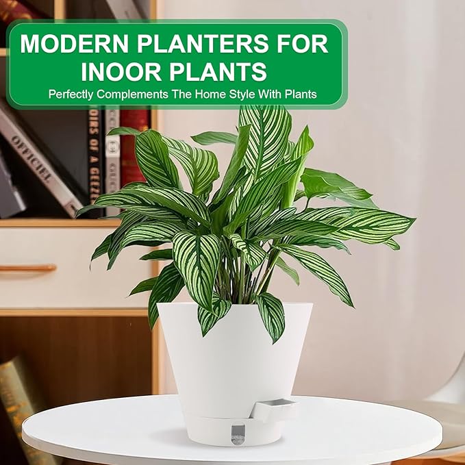 Self-Watering-Pots-for-Indoor-Plants, 8 Inch Flower Pots for Indoor Plants, 3 Pack Plastic Planters with Drainage Holes and Saucers
