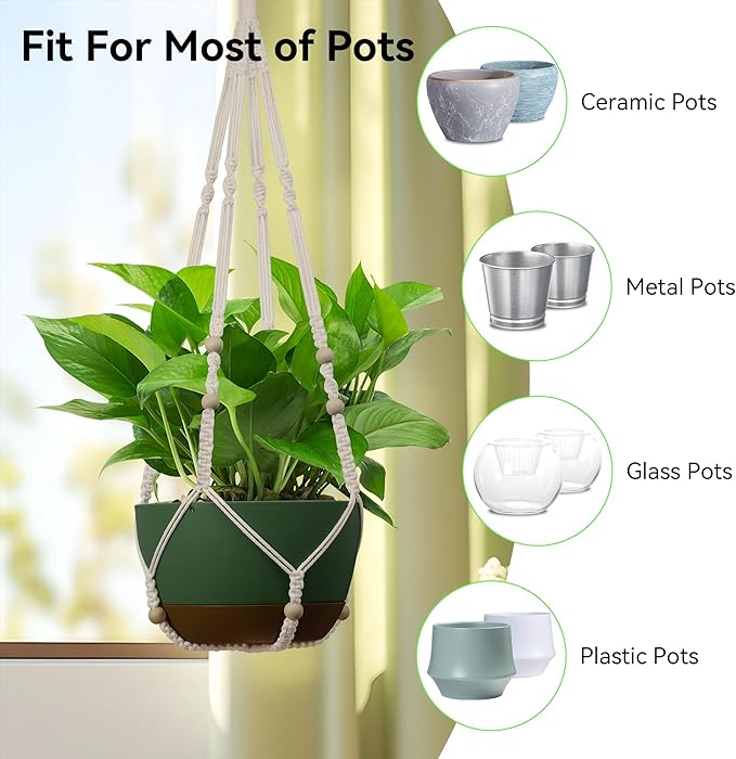 USLAI Macrame Plant Hanger Indoor Outdoor, Up to 4-15 inch Pot, Strong Hanging Planter Basket, Boho Home Decor, 35 Inch, Ivory (POTS NOT Included)