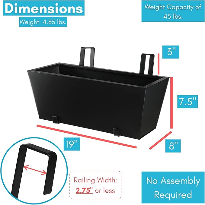 BIRDROCK HOME 2pk Metal Railing Planter - Black Balcony Flower Box - Deck Rail Boxes - House Apartment Plant Pot