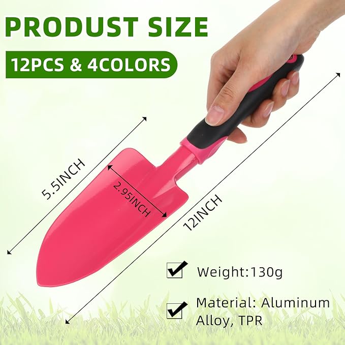 12 Pcs Garden Shovel Aluminum Alloy Heavy Duty Trowel Small Digging Shovels Metal Hand Trowel Spade with Soft Handle for Garden Lawn Yard Planting Tool (Wide Shovel,Fuchsia,Purple,Blue,Pink)