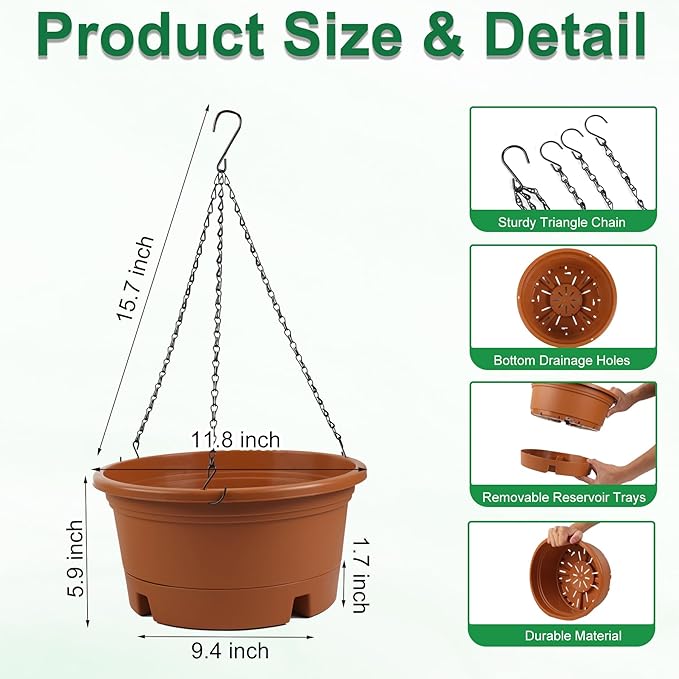 12 Inch Large Hanging Planters for Ootdoor Plants, 4 Pack Plastic Hanging Basket Pots with Drainage Trays & Chain, Hanging Pots for Plants Indoor Outdoor Garden Balcony Decoration (Terracotta)