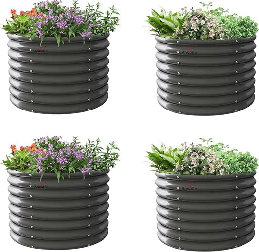 A ANLEOLIFE 4-Pack 3ft x 24” Tall Galvanized Raised Garden Beds Outdoor, Round Metal Planter Box for Planting Vegetables Flowers Herb, Anti-Rust & Easy-Setup, Quartz Grey