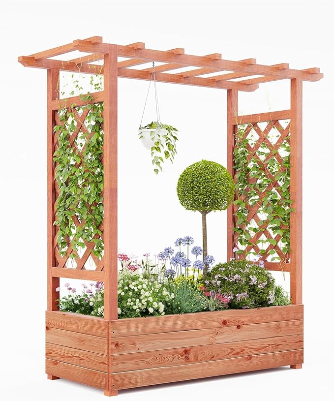 Raised Garden Bed with Trellis and Hanging Roof, Wooden Planter Box with Side Supports and Drainage, Freestanding Elevated Planter for Climbing Plants, Vines, and Flowers, 43x17x44Ft