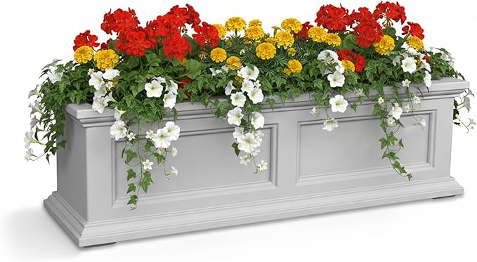 Mayne Fairview 3ft Durable Self Watering Window Box Planter with Wall Mount Brackets, UV & Weather Resistant, Double Wall Design, New England Architecture for Outdoor Décor, White