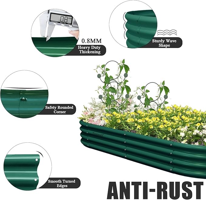 8 Pack 8x4x1FT Galvanized Raised Garden Bed Kit Oval Metal Ground Planter Box Outdoor Bottomless Planter Raised Beds for Vegetables Flowers Herbs Fruits, Green