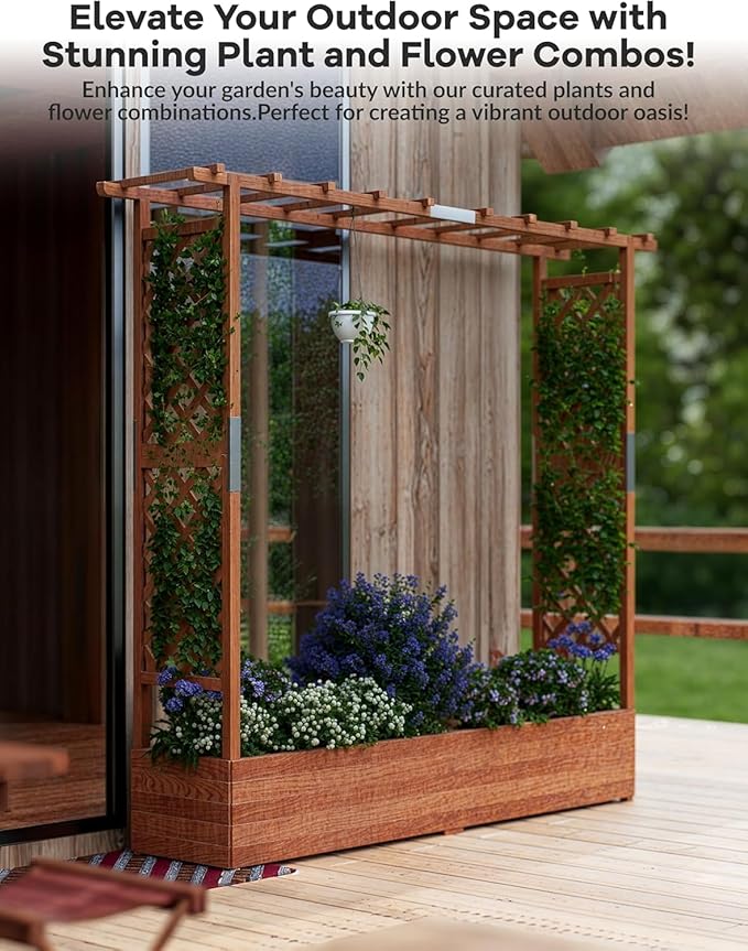 Raised Garden Bed with Trellis and Hanging Roof, Wooden Planter Box with Side Supports and Drainage, Freestanding Elevated Planter for Climbing Plants, Vines, and Flowers, 79x17x72Ft