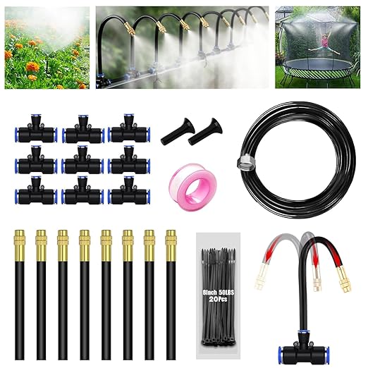 360° Adjustable Mister Drip Irrigation System -Water Trampoline Sprinkler Kit for Kids Summer Fun.50Ft Garden Greenhouse Plant Watering System with 8 Nozzles for Yard, Lawn, Plants