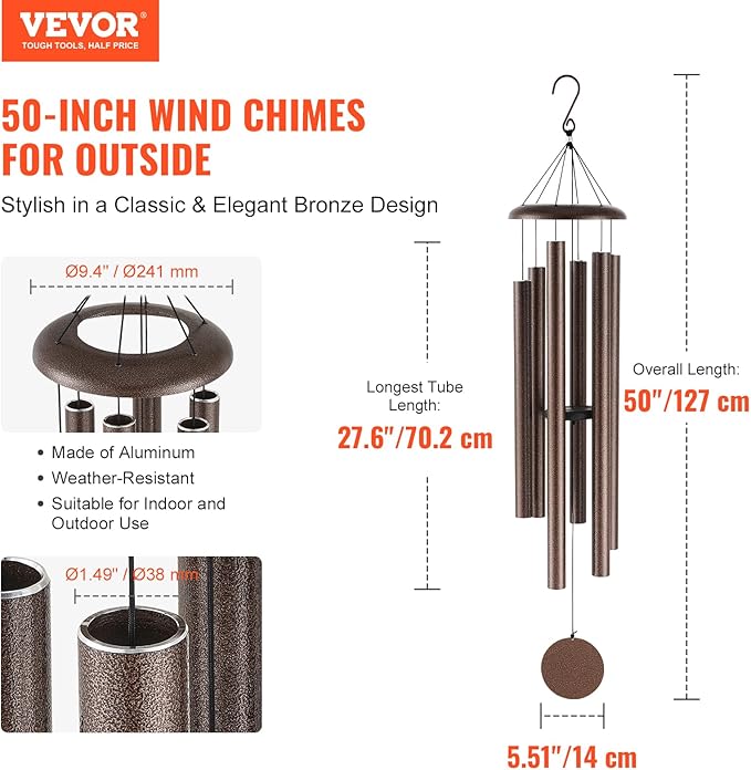 VEVOR 50" Deep Tone Wind Chimes for Outside – Large Memorial Wind Chimes, Sympathy Gifts for Loss of Loved One, Mother, Father, Outdoor Decor for Garden, Patio, Yard, Soothing Melodic Tones