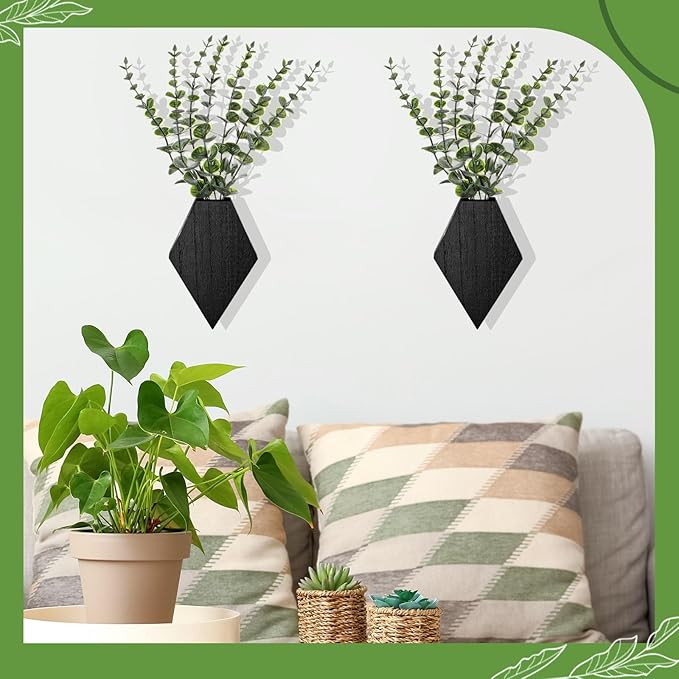 Chunful 2 Pcs Wooden Wall Planter Decor Hanging Fake Plants Greenery Flowers Holder Vase Boxes for Wall Bohemian Farmhouse Room Kitchen Office Indoor Decoration(Black,7.1 x 4.7 x 1.2 Inches)