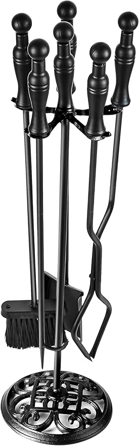 Fireplace Tool Set 5 PCS Black Wrought Iron Fire Tools Set Outdoor/Indoor, Large Fireplace Accessories Kit with Stand, Fire Poker, Shovel,Tongs for Indoor Modern Chimney, Wood Stove (Black)