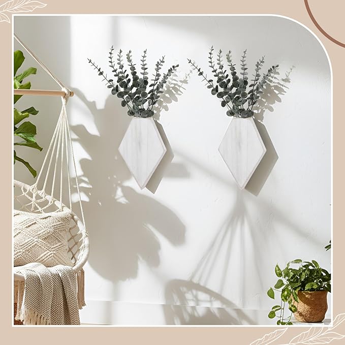 Chunful 2 Pcs Wooden Wall Planter Decor Hanging Faux Plants Greenery Flowers Holder Vase Boxes for Wall Bohemian Farmhouse Room Kitchen Office Indoor Decoration(Retro White,9.8 x 6.6 x 1.2 Inches)