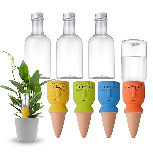 4 Pack Terracotta Watering Spikes, Self-Watering Plant Stakes for Indoor & Outdoor Potted Plants with 12 oz Plastic Bottles for Ideal Auto Watering Devices for Plants During Vacation