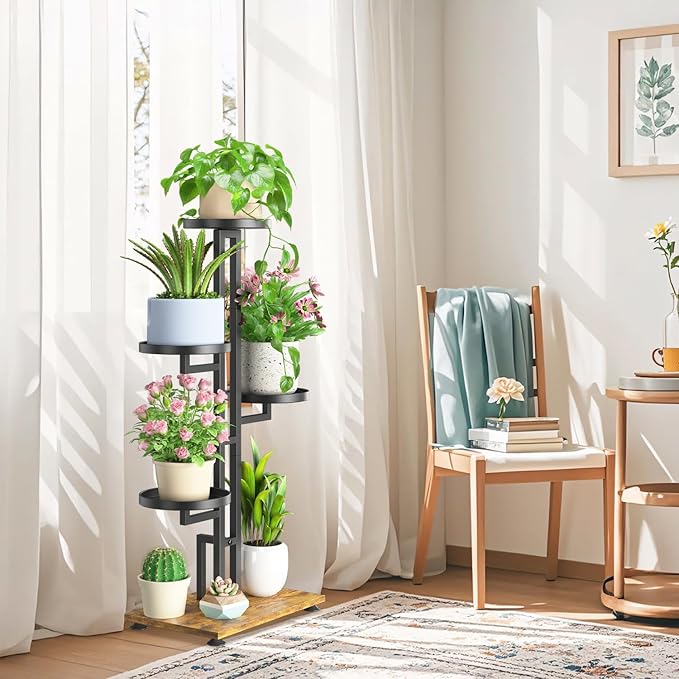 LASZOLA Black 4 Tiered Plant Stand Indoors Heavy Duty Metal Rack, Sturdy Multi Level Shleving Hold Flowers, Larger House Decorate Ladder for Planting Inside Tree Herb Cactus, Wooden Base, Space Saving