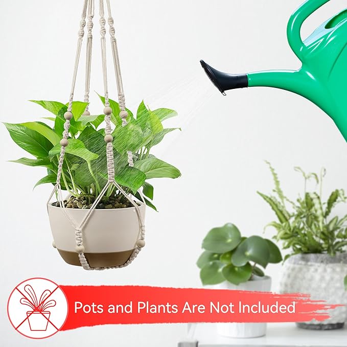 USLAI Macrame Plant Hanger Indoor Outdoor, Up to 4-15 inch Pot, Strong Hanging Planter Basket, Boho Home Decor, 23+29+35 Inch, Ivory (POTS NOT Included)