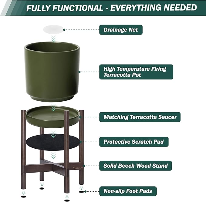 D'vine Dev Ceramic Planter with Walnut Color Stand - 14 Inch Modern Round Flower Pot with Wood Planter Holder, Olive, 55-B-T-J