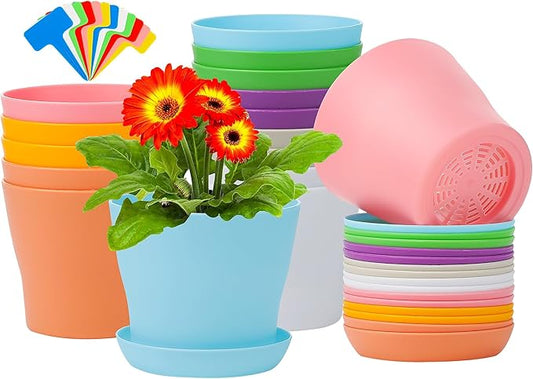 Aodaer 16 Pack 4 Inch Plastic Planters with Multiple Drainage Holes and Tray Indoor Outdoor Flower Plant Nursery Pots with Labels Flower Seedling Pots for Herb Garden Home Succulents, Assorted Colors
