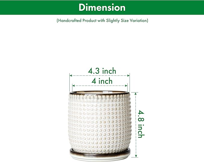 D'vine Dev 4 Inch Ceramic Beaded Stoneware Planter Pot - Flower Pot with Drainage Holes and Saucers for Indoor Succulent Plants or Flowers, Smoked White, 27-C-Z-1