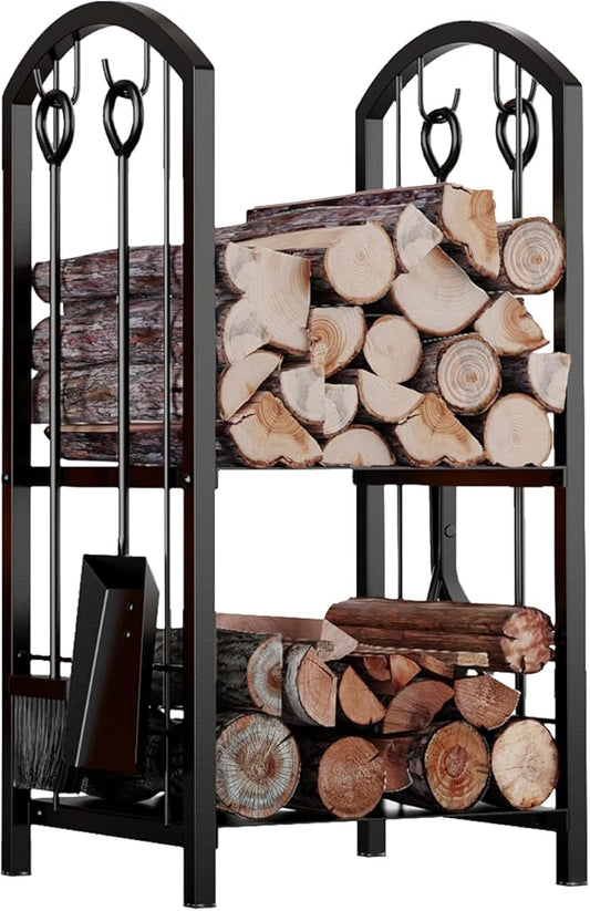 Fire Beauty Fireplace Firewood Log Rack 5-Piece Storage Logs Holder with Tools Set with 4 Tools Set Fireside Holders Wood Lumber Storage Stacking Black