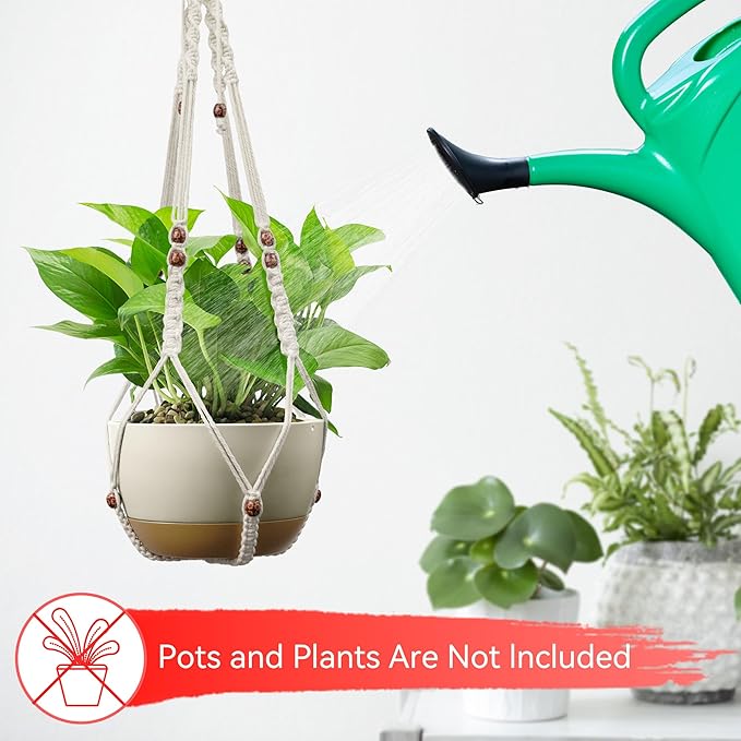 USLAI Macrame Plant Holder, 35 Inch, Up to 4-15 inch Pot, Heavy 20lb Planters, Extra Long Strong Hanging Planter Basket, Boho Home Decor, Red Bead, Set of 2 (POTS NOT Included)