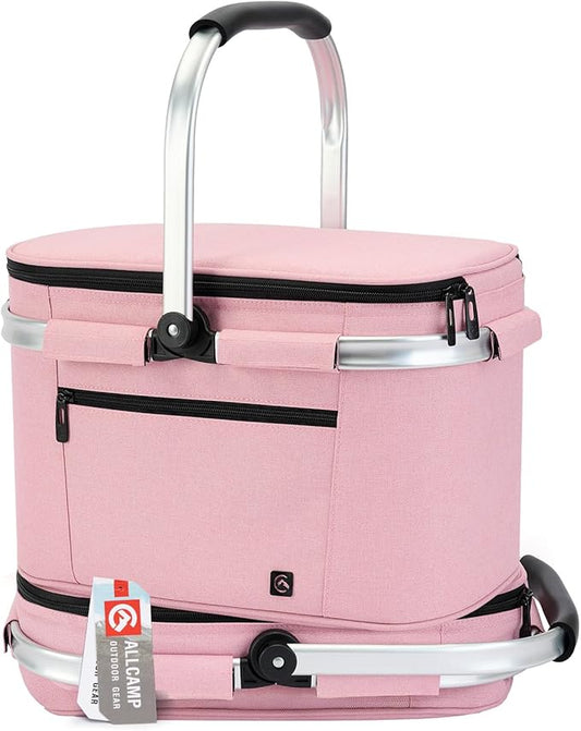 ALLCAMP Picnic Basket - Insulated Cooler, Thickening Foldable Picnic Basket with Removable Baskets & Sewn-in Frame, Basket for House Warming Gifts New Home(Pink)