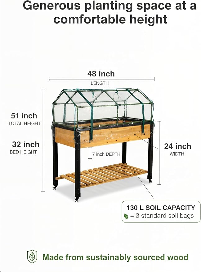 GOJ Raised Garden Bed Wood 48x24x32 inch with Greenhouse & Lockable Wheels - Elevated Wood Planter Box for Outdoors Vegetable Flower Bed Herb Planter - 400 lbs Capacity