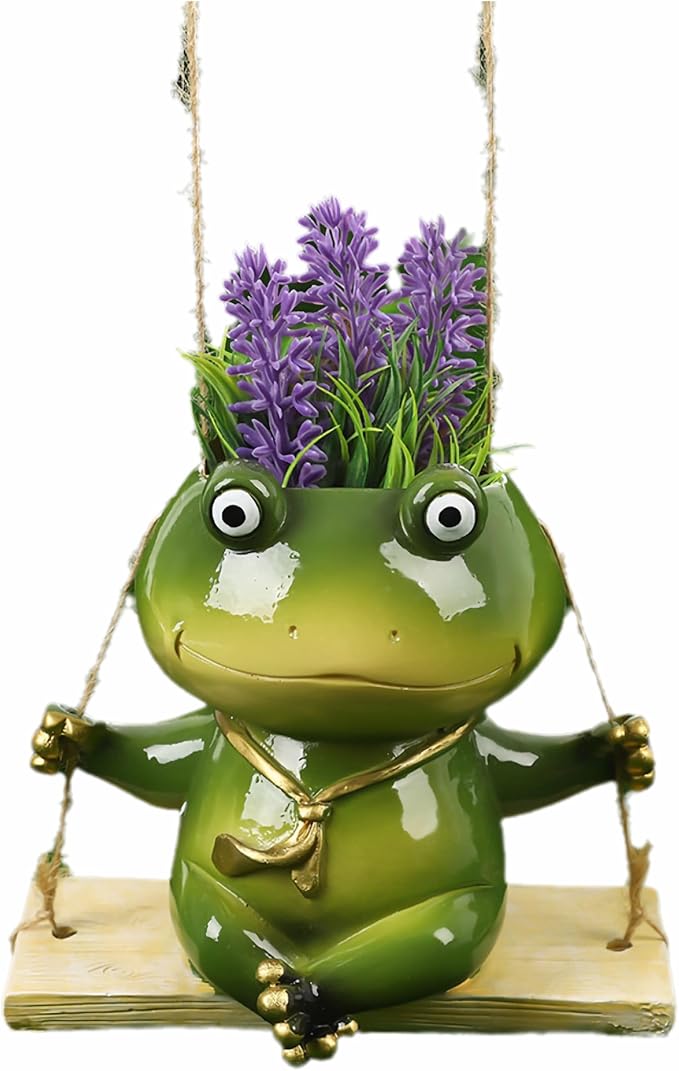 Hanging Planter for Indoor/Outdoor Plant - Swinging Frog Planter Pot for Succulents, Small Plants (Animal Home Decor) (Green)