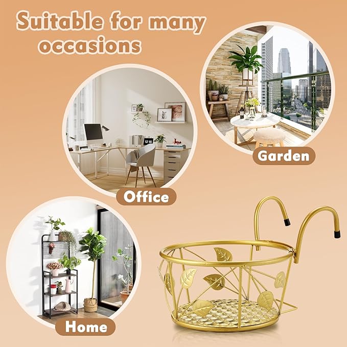 3 Pack Hanging Planter Holders for Balcony Railings Heavy Duty Metal Flower Pot Stands for Indoor Outdoor Use Deck Fence Garden Patio Porch Railing Plant Hangers (Golden)